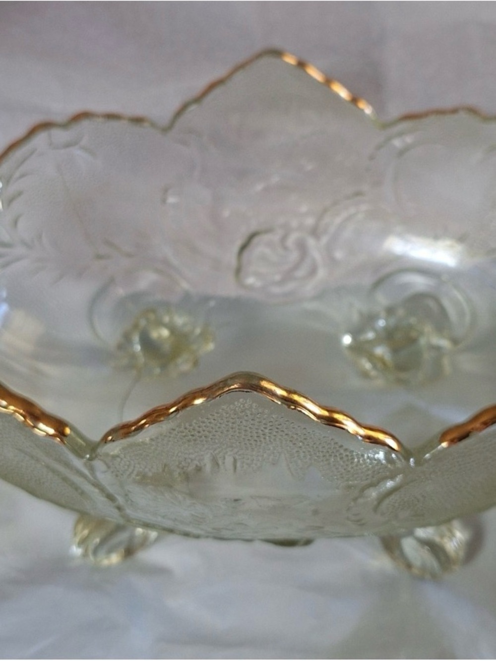 Clear Glass Footed Bowl with Gold Trim